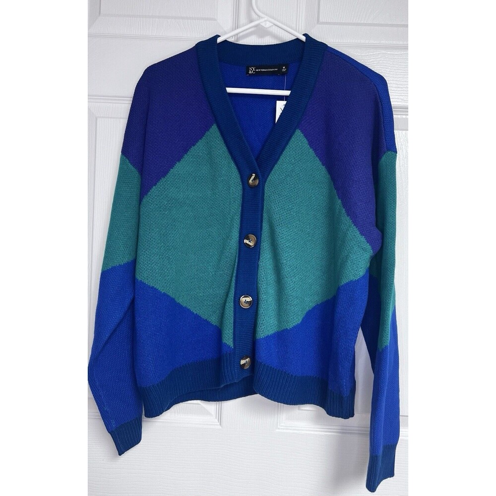 New York & Company Color Block Women's Sweater Cardigan M Medium Blue Green - Picture 1 of 9